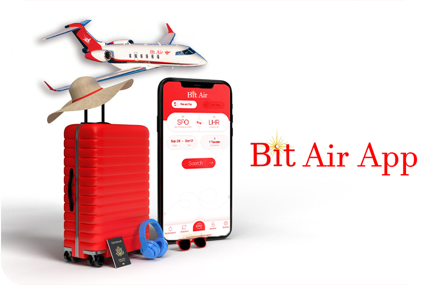 BitAir App on Smartphone Screen: The BitAir app displayed on a smartphone, offering users seamless private jet booking and luxury travel services at their fingertips.